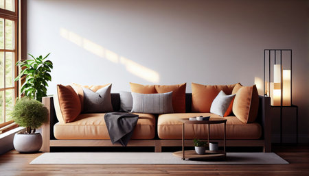 Interior of a modern room with a comfortable sofa. Generative AIの素材