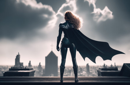A woman in a superhero costume stands on the roof of a building. Generative AIの素材