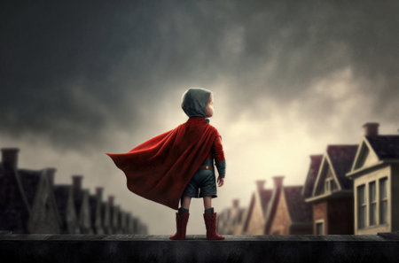 A child in a superhero costume stands on the roof of a building. Generative AIの素材