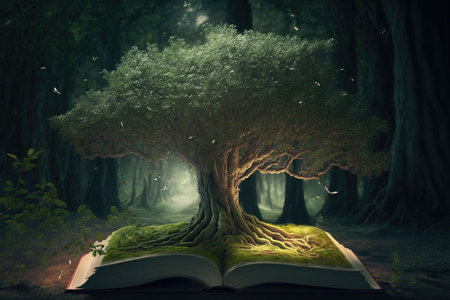the tree of knowledge growing from an open book, generative AIの素材
