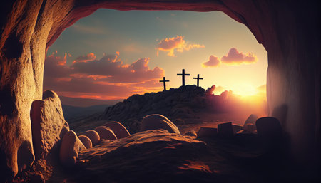 Empty tomb of Jesus Christ. Crucifixions in the rays of the sun. Generative AIの素材