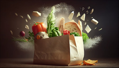 Paper bag with various products on a dark background. Generative AIの素材
