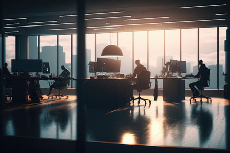 Interior of a business office with large windows. Generative AIの素材