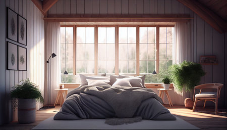 Modern bedroom interior with large windows. Generative AIの素材