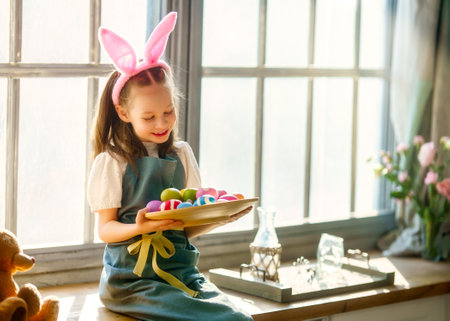Beautiful child with painting eggs. Happy family preparing for Easter. Cute little girl is wearing bunny ears.の写真素材