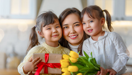 Happy mother's day. Children daughters congratulating their mother and giving her bouquet of flowers.の写真素材