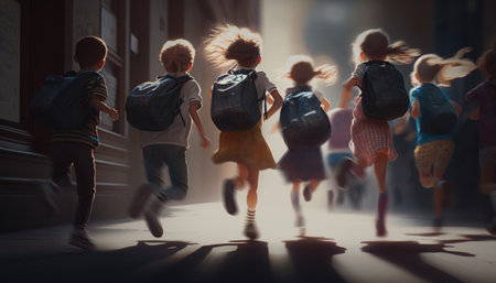 A group of schoolchildren with backpacks runs to school. Generative AIの素材