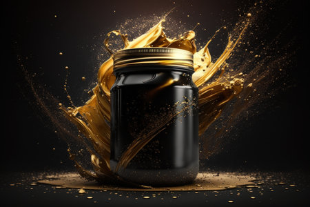 A jar with gold paint on a dark background. Generative AIの素材