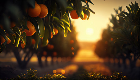 Juicy oranges grow on trees. orange farm. Generative AIの素材