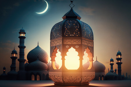 Ornamental Arabic lantern with burning candle glowing at night. Festive greeting card, invitation for Muslim holy month Ramadan Kareem. Generative AIの素材