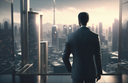 A businessman looking at the city at sunset. Generative AIの素材