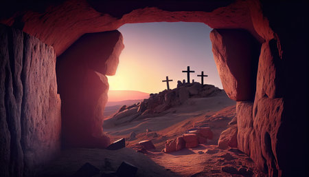 Empty tomb of Jesus Christ. Crucifixions in the rays of the sun. Generative AIの素材