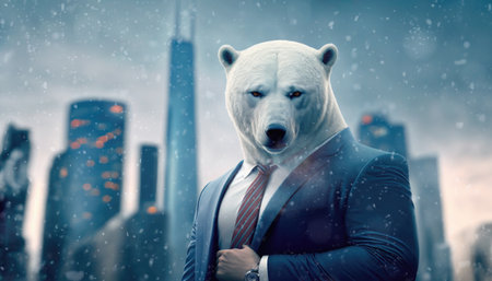 portrait of a polar bear in a business suit against the background of the city, generative AIの素材