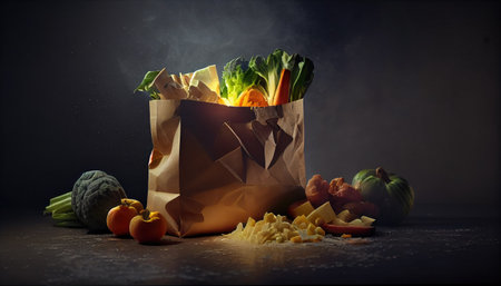 Paper bag with various products on a dark background. Generative AIの素材