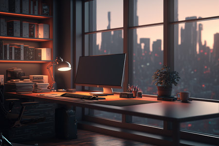 Interior of a business office with large windows. Generative AIの素材