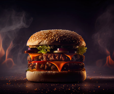 delicious fresh burger on a dark background. Generative AIの素材
