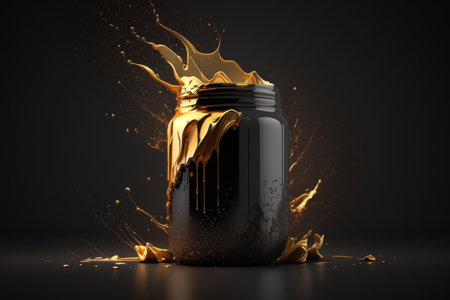 A jar with gold paint on a dark background. Generative AIの素材
