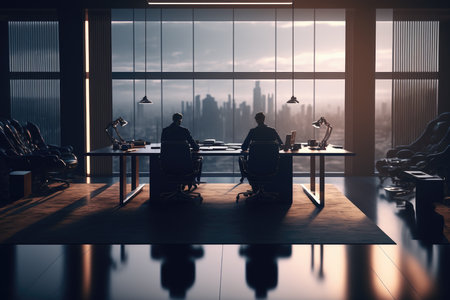 Interior of a business office with large windows. Generative AIの素材