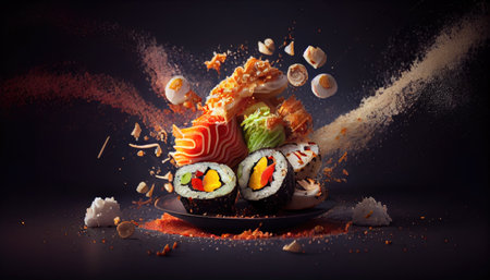 Fresh sushi roll close-up on dark background. Generative AIの素材