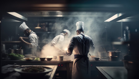 Gourmet chefs in uniform cook in the kitchen. Generative AIの素材