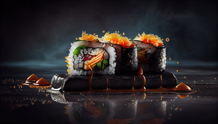 Fresh sushi roll close-up on dark background. Generative AIの素材