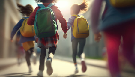 A group of schoolchildren with backpacks runs to school. Generative AIの素材