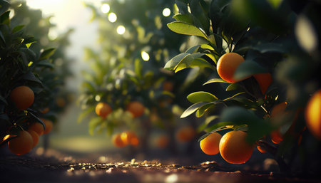 Juicy oranges grow on trees. orange farm. Generative AIの素材