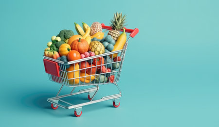 Supermarket shopping cart full of fresh vegetables and fruits. Generative AIの素材