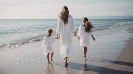 Beauty mother with her children walks on the beach. Generative AIの素材
