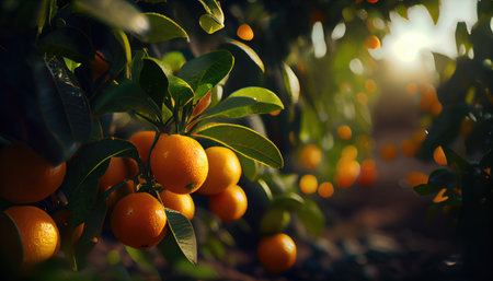Juicy oranges grow on trees. orange farm. Generative AIの素材