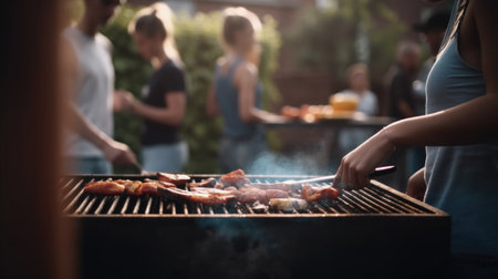 Friends are having a barbecue party in the backyard. Generative AIの素材