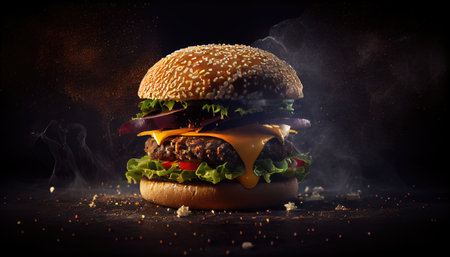 delicious fresh burger on a dark background. Generative AIの素材