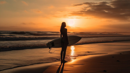 Beautiful surfer girl on the beach at sunset. Generative AIの素材