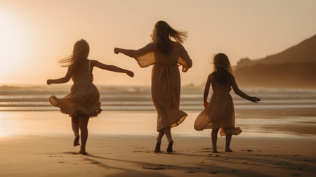 Beauty mother with her children dancing on the beach. Generative AIの素材