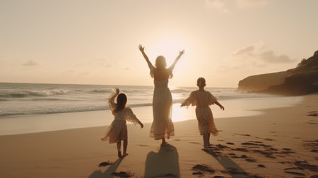 Beauty mother with her children dancing on the beach. Generative AIの素材
