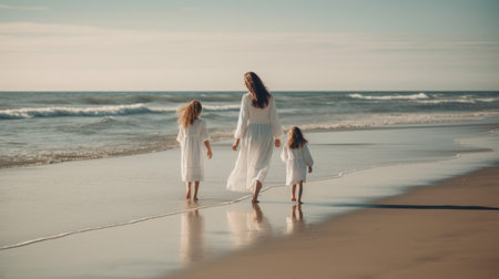 Beauty mother with her children walks on the beach. Generative AIの素材