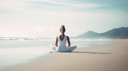 Woman practicing yoga at seashore. Generative AIの素材