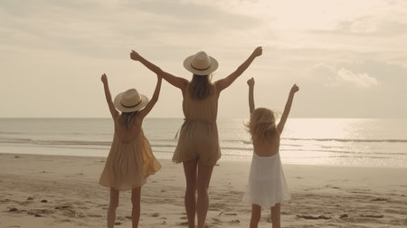 Beauty mother with her children dancing on the beach. Generative AIの素材