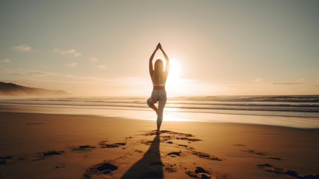 Woman practicing yoga at seashore. Generative AIの素材
