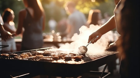 Friends are having a barbecue party in the backyard. Generative AIの素材