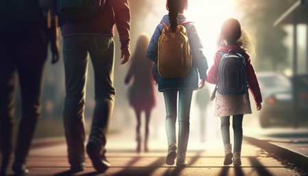 A group of schoolchildren with backpacks go to school. Generative AIの素材
