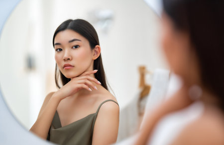 Portrait of attractive young woman looking at mirror. Beautiful girl enjoying her reflection, self-care concept.の写真素材