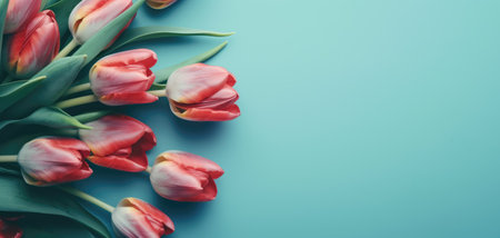 Beautiful fresh flowers on a blue background. Generative AIの素材