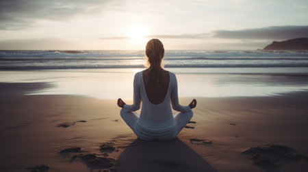 Woman practicing yoga at seashore. Generative AIの素材