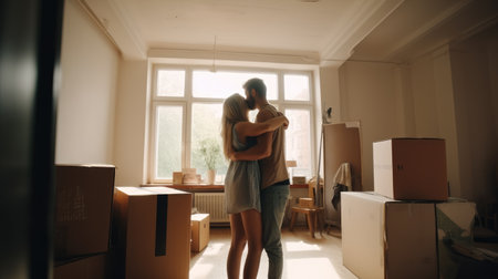 A young couple in a new apartment among cardboard boxes. Moving day. Generative AIの素材
