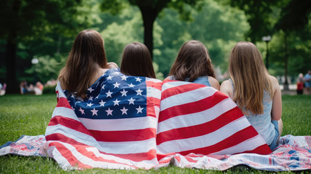 Happy young people relaxing in the park. American holiday. Generative AIの素材