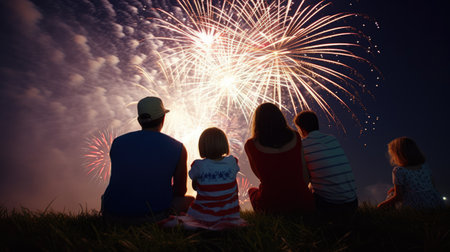 A group of people look at the fireworks, an American holiday. Generative AIの素材