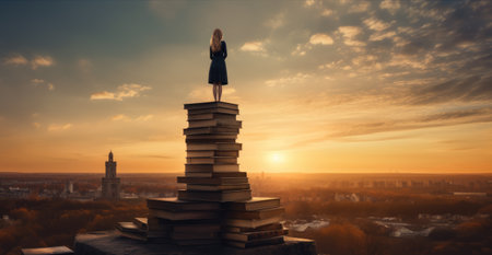 A child standing among many books against the background of sunset. Generative AIの素材