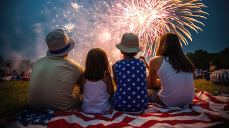 A group of people look at the fireworks, an American holiday. Generative AIの素材