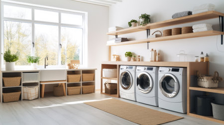 Laundry room interior with washing machine near wall. Generative AIの素材